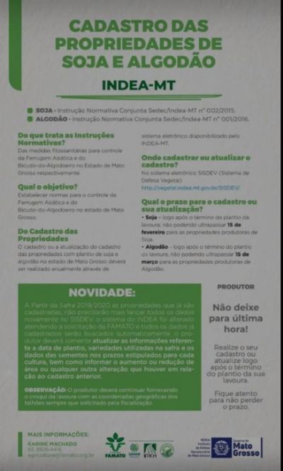 INDEA Alerta: Prazo para cadastro das propriedades de Soja finaliza hoje.