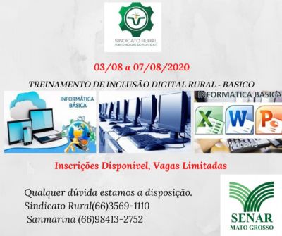 Sindicato Rural de Porto Alegre do Norte trar� treinamento de �Inclus�o digital rural�.